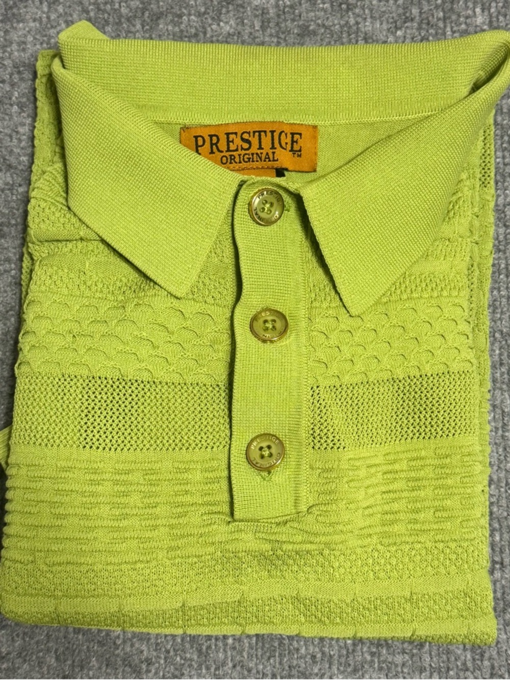 Prestige Original Textured Knit Polo Lime Green Chevron Retro Modern Large L